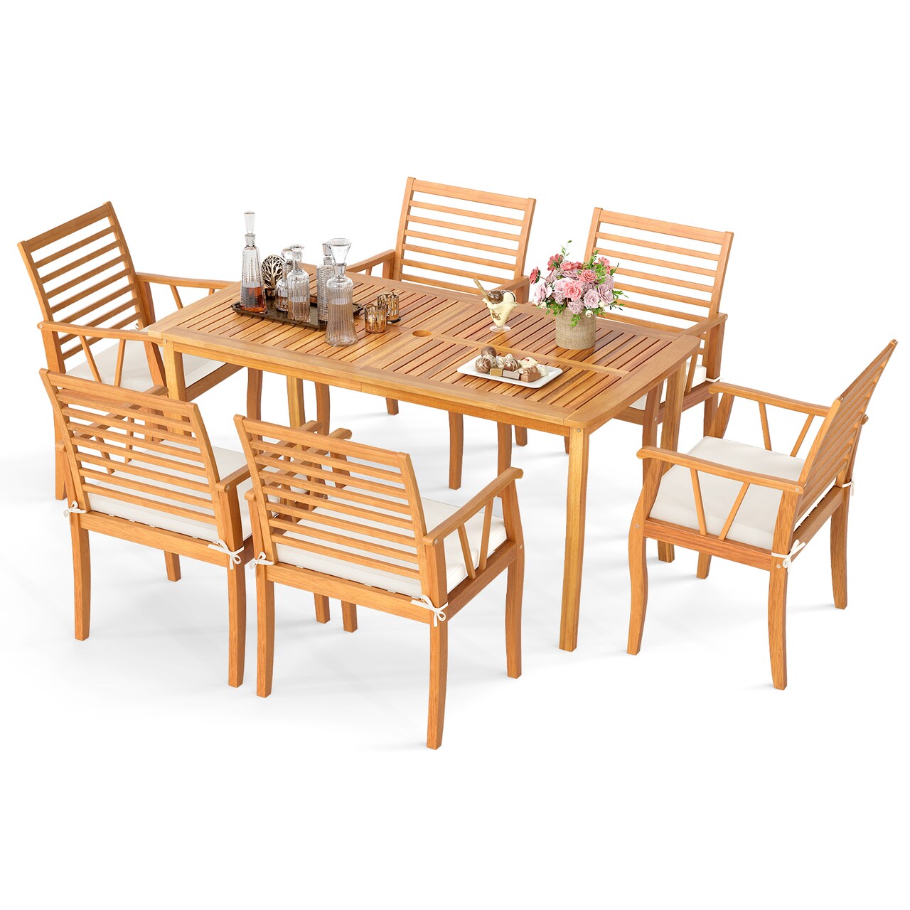 7 Piece Outdoor Dining Table Set Acacia Wood Umbrella Hole Cushioned Chairs Natural